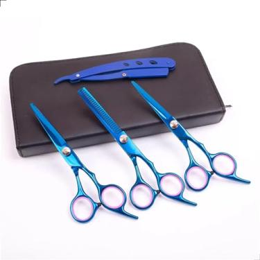 Imagem de Kit 3 Tesouras Profissional, 6.0, Fio Navalha, Fio Laser, Desfiadeira + Navalhete + Pentes e Estojo, Barbeiro, Cabelereiro, Corte de Cabelo, Aço Inox, Original (Azul)