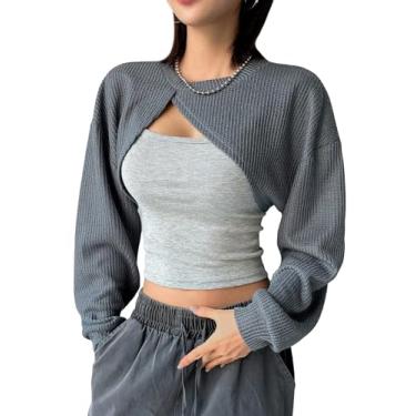 Imagem de RoseSeek Blusa feminina de manga comprida Bolero com gola redonda canelada cropped assimétrica Y2k Tops da moda, Cinza, P