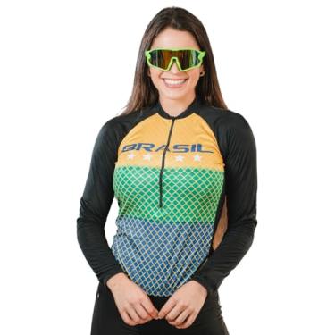 Imagem de Camisa de Ciclismo Feminina Manga Longa Brasil Estrelas Proteção UV Slim Confortável Pro Bike (BR, Alfa, G, Regular, Brasil Estrelas)
