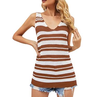 Imagem de Camiseta regata feminina tricotada estampada para sair, camiseta sexy de verão sem mangas, blusa floral, colete de festa, Café, P