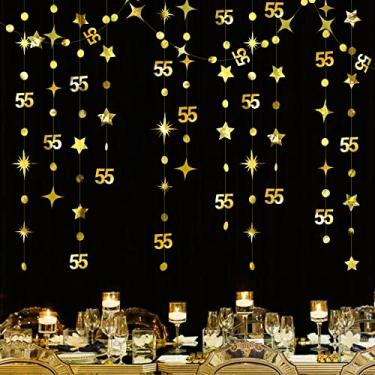 Imagem de Decorações douradas de aniversário de 55 anos, número 55, círculos, bolinhas, cintilantes, guirlanda de estrelas metálica, faixa de fundo para aniversário de 55 anos, aniversário de 55 anos, artigos de festa