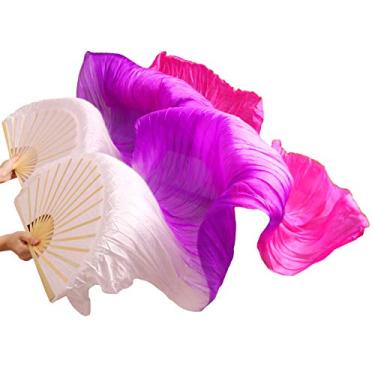 Imagem de Nimiman 1 par feminino (esquerda + direita) de seda para fãs de dança do ventre véu dança do ventre leques dobráveis longos comprimento 180 cm largura 90 cm (rosa roxa branca)