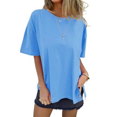 Imagem de Tankaneo Camisetas femininas de manga curta de verão, gola redonda, fenda lateral, casual, solta, Azul, G