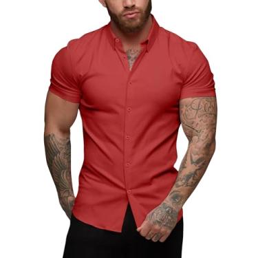Imagem de URRU Camisa social masculina slim fit stretch manga curta casual abotoada para homens, Manga curta - vermelho, XXG