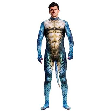 Imagem de Body de animal com cauda grande para homens e mulheres, macacão peludo, fantasia de gato, tema de Halloween, cosplay, festa, Estampa de cobra azul, 3G