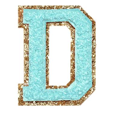 Imagem de 3 Pçs Chenille Letter Patches Ferro em Patches Glitter Varsity Letter Patches Bordado Bordado Borda Dourada Costurar em Patches para Vestuário Chapéu Camisa Bolsa (Azul, D)
