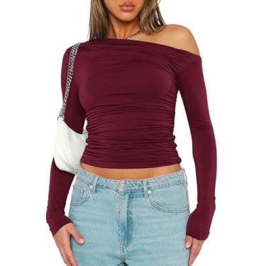 Imagem de NTSWZYS Camiseta feminina com ombro de fora, cor lisa, casual, manga comprida, caimento justo, franzida, camiseta sexy para sair, Y - roxo escuro, P
