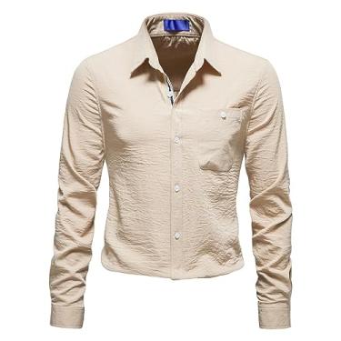 Imagem de Camisa social masculina de manga comprida slim fit abotoada lapela sólida bolso camiseta leve casual, Cáqui, XXG