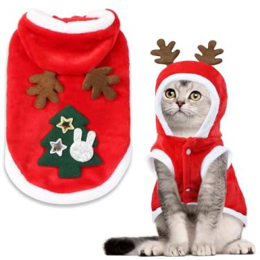 Imagem de Roupa de Natal para gatos, fantasia com capuz e chifres de alce, roupas de férias para gatos e animais de estimação (pequeno)