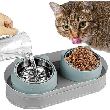 Imagem de KEVIDEAWL Tigelas elevadas para comida de gato, tigela elevada para gatos com suporte de aço inoxidável, tigelas inclinadas antivômito, conjunto de tigela dupla para gatos e água para gatos (cinza azul)