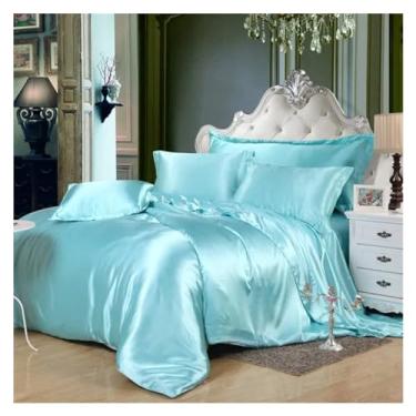 Imagem de Jogo de cama de cetim preto, lençol e fronhas, lençol de cama de luxo tamanho queen size, lençóis de cama (F 150 x 200 cm 3 peças)