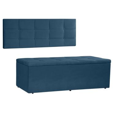 Imagem de Kit Painel e Calçadeira Baú Casal 1,40m Roma Suede Azul Marinho - Pallazio