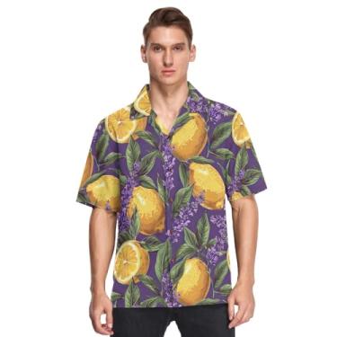 Imagem de CHIFIGNO Camisa havaiana masculina de manga curta, caimento solto, estampada, abotoada, casual, camisa tropical de praia, Lavanda roxa e laranjas, GG
