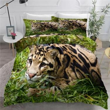 Imagem de Jogo de cama com estampa de leopardo, gato, Califórnia, King, animal, conjunto de 3 peças, capa de edredom de microfibra macia 264 x 248 cm e 2 fronhas, com fecho de zíper e laços
