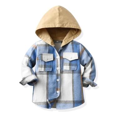 Imagem de Winmany Camiseta infantil com capuz xadrez para meninos com botões, manga comprida, outono e primavera, para 2 a 8 anos, Azul, 5-6 Anos