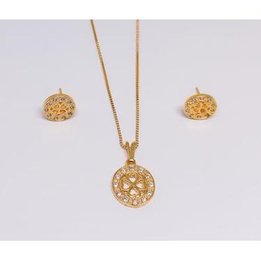 Imagem de Conjunto de Colar e Brincos Folheados a Ouro 18k, Pingente e Brincos Redondos