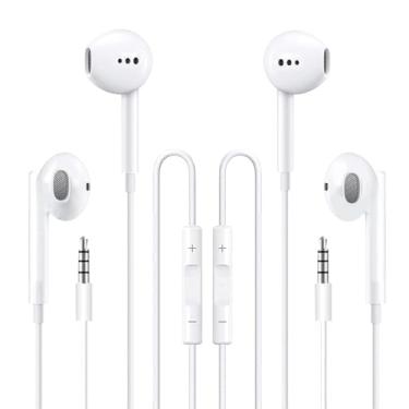 Imagem de [Pacote com 2] Fones de ouvido com fio, fones de ouvido intra-auriculares, fones de ouvido com microfone, estéreo Hi-Fi, fones de ouvido com graves pesados, isolamento de ruído, compatível com iPhone,
