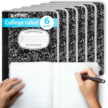 Imagem de EXTRIC Caderno de composição pautado para faculdade – Cadernos de composição para material escolar, pacote com 6, 200 páginas (100 folhas) Cadernos escolares pautados na faculdade