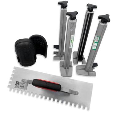 Imagem de Desempenadeira Galo 307/04 + 4 Suporte P/Régua De Pedreiro + Joelheiras Profissional Kit