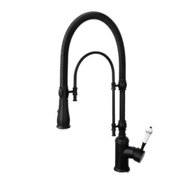 Imagem de Torneira de cozinha de latão dourado, alça única, pulverizador retrátil de modo duplo, torneira de pia de cozinha com alça de porcelana, preta
