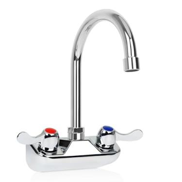 Imagem de KWODE Torneira de pia de mão comercial central de 10 cm com bico de pescoço de ganso de 15 cm, torneira de pia de cozinha com alça dupla para montagem na parede, latão construído, cromado