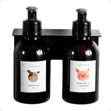 Imagem de Kit 2 Frascos Banho Baby + Suporte Porta Shampoo Sabonete Líquido Banheiro Linha Animals Flowers 250ml (Suporte Preto, Animals)