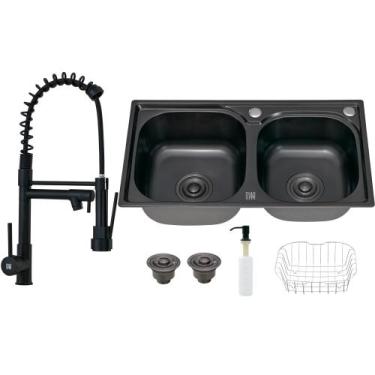 Imagem de Kit Cuba Cozinha Gourmet Dupla C/ Torneira Extensor Preta - Holtter Ho