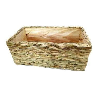 Imagem de Vaso Cachepô Madeira Palha Entrelaçado Retangular 36x18x15 - FLORA FUL