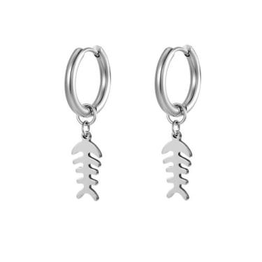 Imagem de par brinco argola de peixe esqueleto escama aço inox não escurece masc