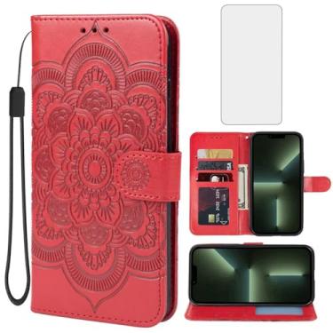 Imagem de Yodueiv Capa para iPhone 13 Pro Max, capa carteira para Apple 13 Pro Max de 6,7 polegadas com protetor de tela de vidro temperado, alça de pulso de couro PU mandala com compartimentos para cartões,