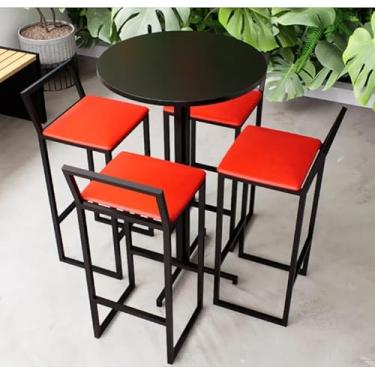 Imagem de Conjunto Mesa Alta Bar Bistrô Redonda Preta 4 Banquetas Confort Estofado Industrial Black (VERMELHO)