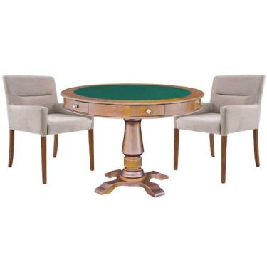 Imagem de Mesa de Jogos Carteado Victoria Redonda Tampo Reversível Amêndoa com Kit 2 Cadeiras Vicenza Suede Nude - Gran Belo