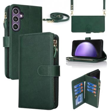 Imagem de iCoverCase Capa carteira para Samsung Galaxy S23 FE com suporte para cartão, capa de couro PU com alça transversal ajustável, fecho magnético com zíper e bolso (verde)