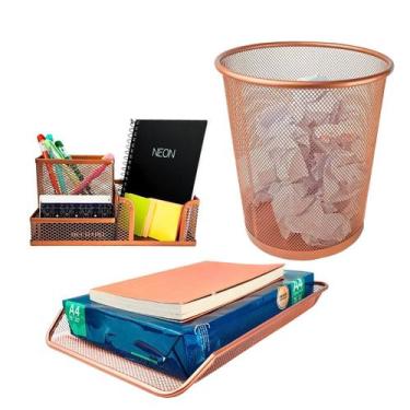 Imagem de Kit Escritório Lixeira, Organizador de Mesa, Bandeja Organizadora Rose