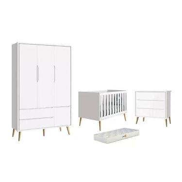 Imagem de Dormitório Theo 3 Portas, Cômoda 3 Gavetas Branco Com Pés Madeira Natural E Colchão D18 - Reller Móveis Branco