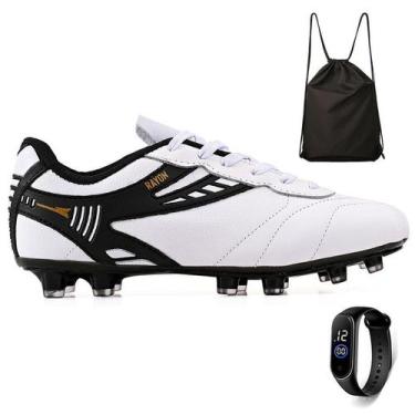 Imagem de Kit Chuteira de Couro Futebol Campo Grama Natural + Mochila e Relogio 