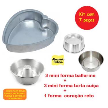 Imagem de Kit De 1 Forma Coração Reto Tamanho 1 + 6 Mini Formas Para Mini Bolos 