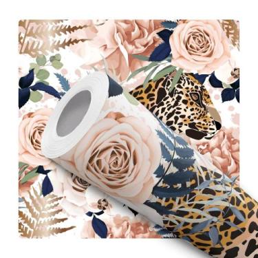 Imagem de Papel De Parede Adesivo Lavável Onça Pintada Flores Rosa E Azul Fundo 