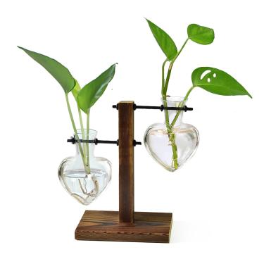 Imagem de Planta Terrário com suporte de madeira, vaso de vidro para lâmpada de avião, suporte giratório de metal para mesa retrô para decoração de escritório Hydroponics Home Garden - 3 vasos de lâmpada