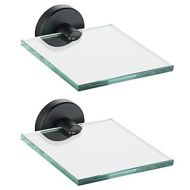 Imagem de JQK Prateleiras de vidro flutuantes pequenas, pretas, bordas de exibição de 10 cm para parede, mini decoração, sala de estar, quarto, banheiro, armazenamento de chuveiro de vidro temperado, pacote com