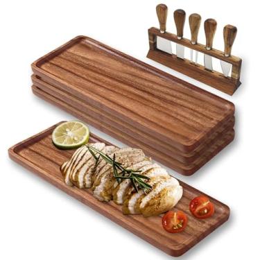 Imagem de Conjunto de 4 bandejas de madeira de acácia e 5 peças de facas de queijo com suporte, 35,5 x 14 cm, pratos de charcutaria de madeira maciça para comida, frutas, lanches, pão, versátil (35,5 x 14 x 1,5