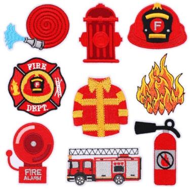 Imagem de LNESEAU 9 peças de adesivos bordados com tema de bombeiro para meninos, kit de remendos de reparo de ferro no joelho para capacete infantil costurado em apliques bordados para roupas, acessórios faça