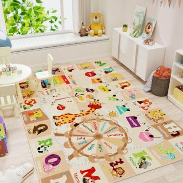 Imagem de B BENRON Tapete Educativo Infantil 10 x 15 cm Beige para Sala de Jogos, Tapete Antiderrapante com Alfabetos ABC, Formas de Animais e Cores
