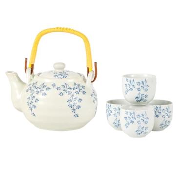 Imagem de Conjunto de chá de flor japonesa Hana Shidare de 591 ml bule de chá com 4 xícaras de chá de cor branca e azul