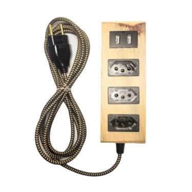 Imagem de Extensão Decorativa de Madeira 3 Tomadas 2 USB Cabo 150cm Bivolt 10A Régua Elétrica Decoração Organização Mycena Studio