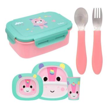 Imagem de Kit Refeição Infantil Unicórnio + Talheres + Pote Buba
