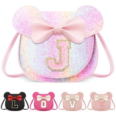 Imagem de izuzta Bolsa infantil para crianças 1 2 3 4 5 6 7 8 anos de idade bonito mouse orelha laço bolsa transversal presente de aniversário, Bolsa grande/brilhante/letra rosa, J, J