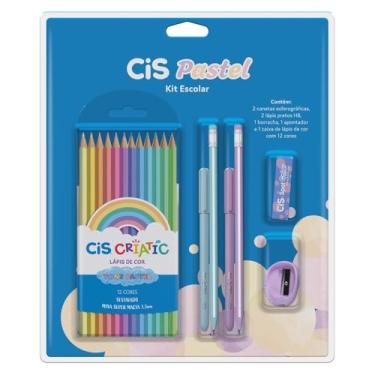 Imagem de Kit Escolar CIS Pastel 7 peças - 2 canetas esferográficas, 2 lápis pretos HB, 1 borracha, 1 apontador e 1 caixa de lápis de cor 12 cores, Roxo