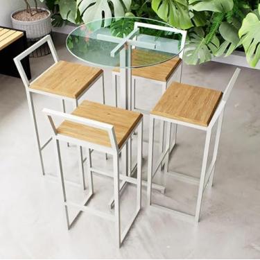 Imagem de Conjunto Mesa Alta Bar Bistrô Redonda Vidro 4 Banquetas Confort Pinus Industrial White