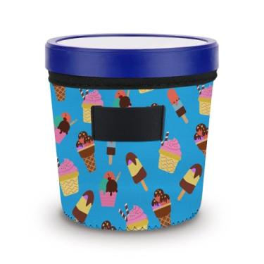 Imagem de WIRESTER Manga de sorvete reutilizável com suporte de colher, manga térmica isolante creme capa de neoprene - padrão azul sorvete